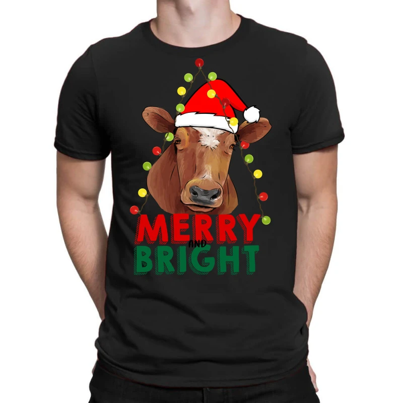 Merry And Bright Cow With Christmas Lights T-Shirt 3 Merry And Bright Cow With Christmas Lights T-Shirt